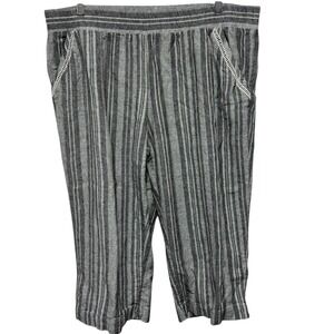 Croft Barrow Pants Womens 1X Black Gray Stripe Linen Blend Cropped Elastic Waist